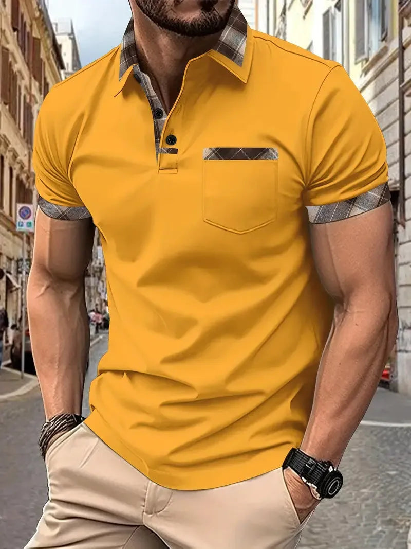 Men's plaid colourblock t-shirt with zipper decorations and short sleeves in loose fit
