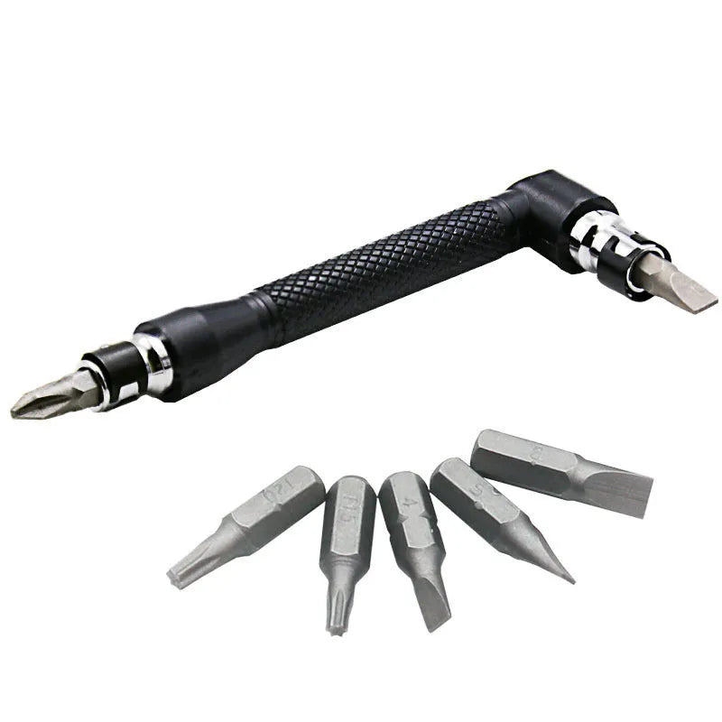 L-shaped socket wrench handle with ten different screwdriver bits arranged alongside
