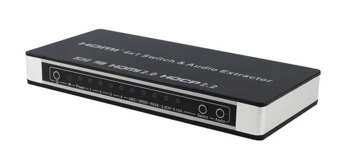 Black HDMI audio/video switch with remote control, showing four input ports and one output port.