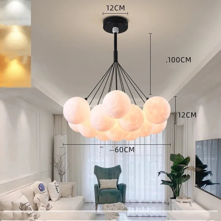 Nordic style bubble moon bedroom chandelier with gold iron body and spherical PMMA lampshades