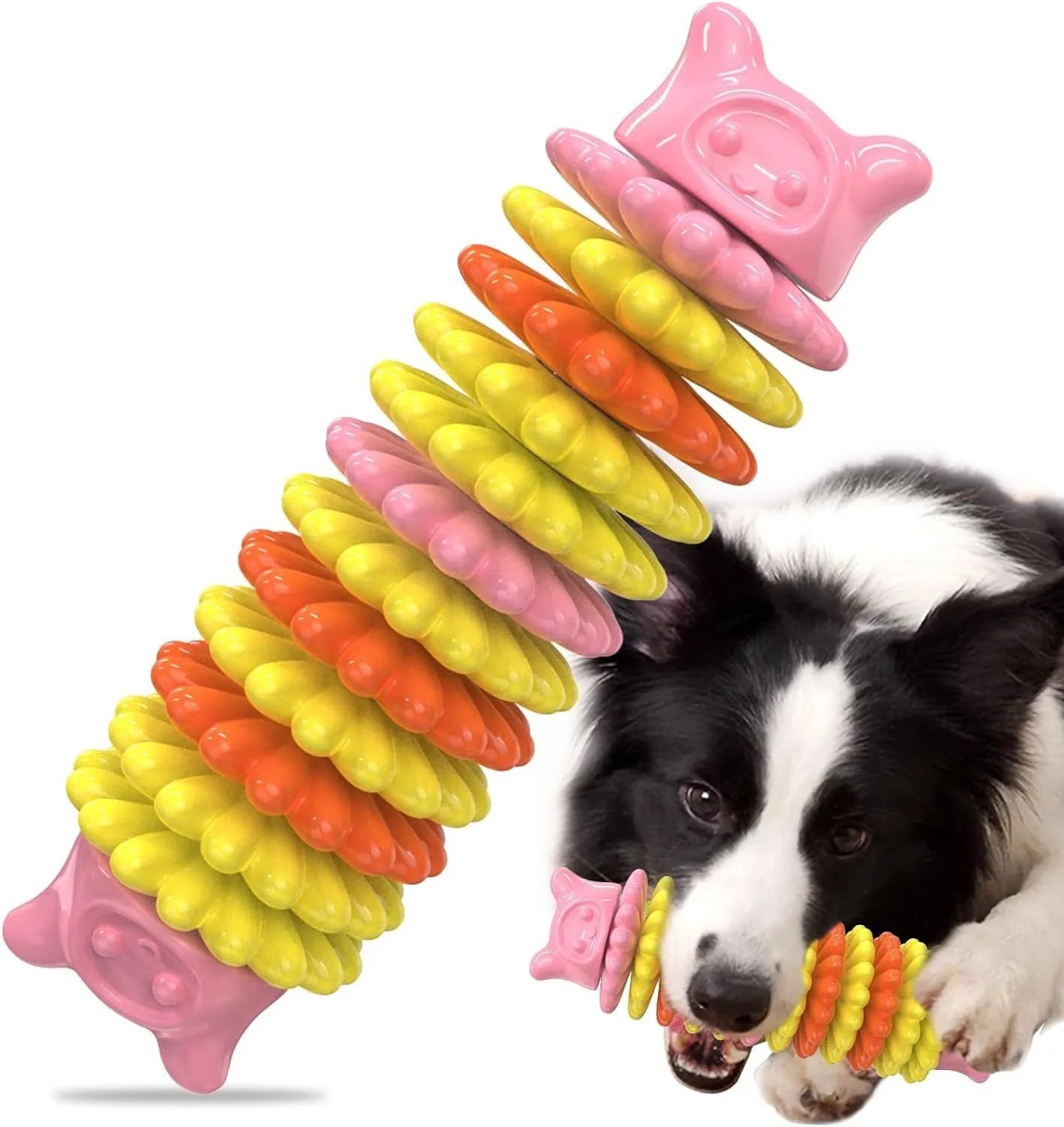 Blue natural rubber caterpillar-shaped dog chew toy measuring 17 cm long