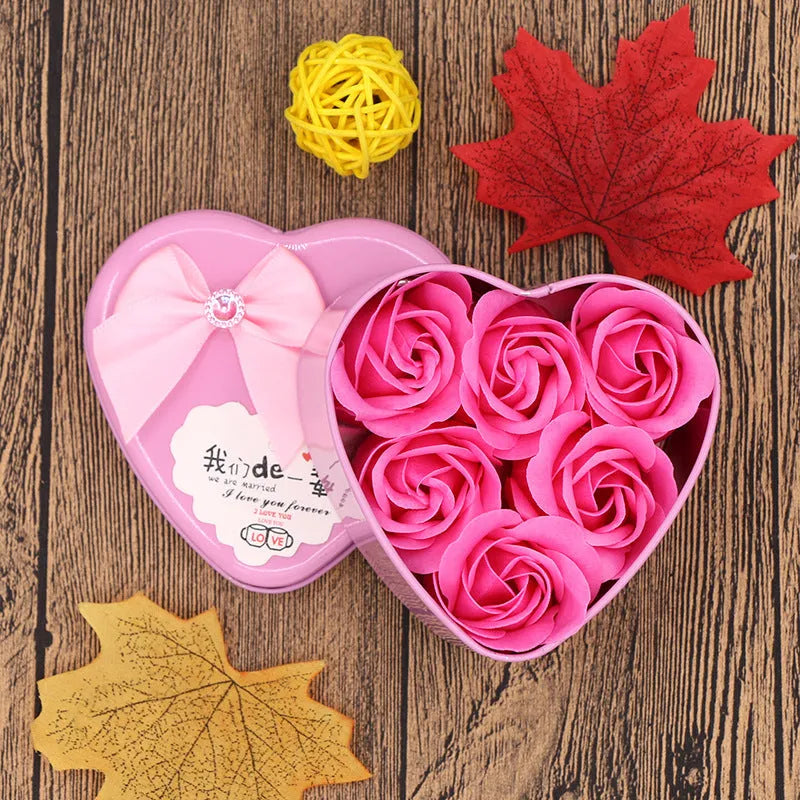 Soap flower gift box heart shaped tin box with bear figure red pink blue purple gradient handmade
