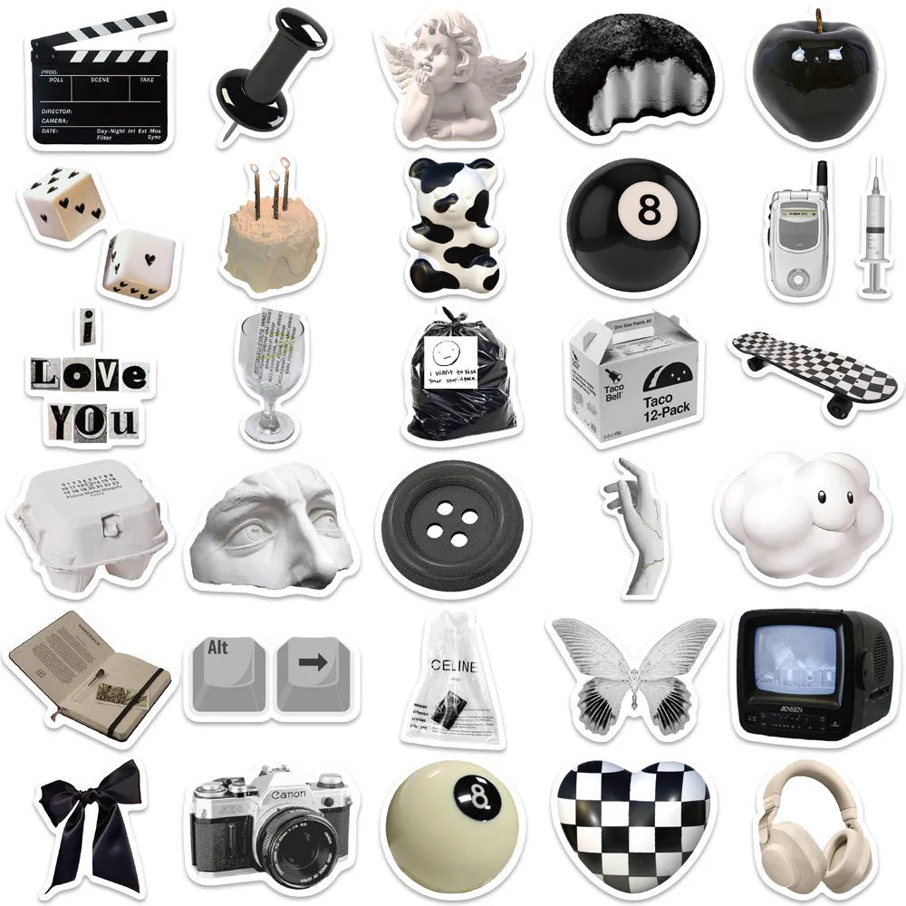 61 black and white simple design PVC waterproof stickers for laptops and phones.