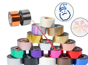 A roll of hot foil stamping paper showing metallic gold finish, with width options of 3cm and 5cm on a 120m long roll.