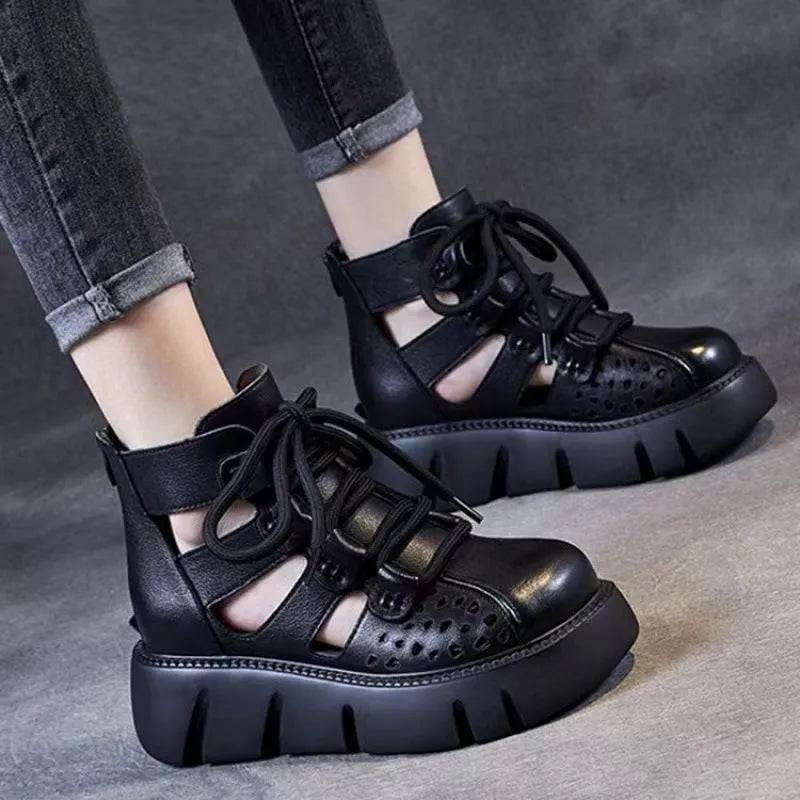 Women's black platform sandals with hollow hole design in soft cowhide leather with PU sole