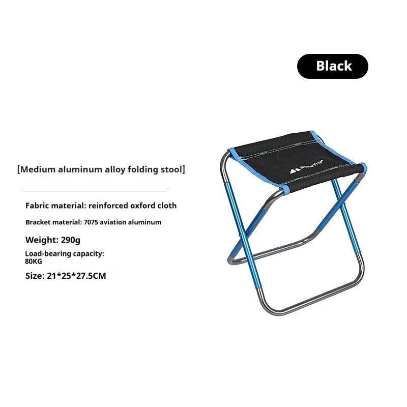 Black aluminium alloy folding camping stool shown open for use and folded flat for storage.