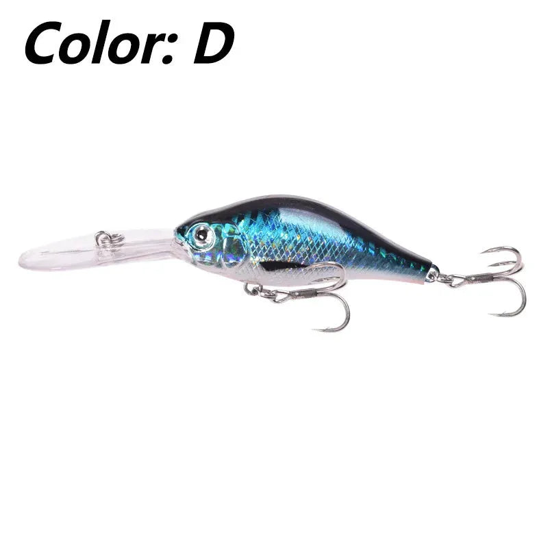 Mino fishing lure with deep diving long tongue board, 10.5cm length, 15g weight, five colour options