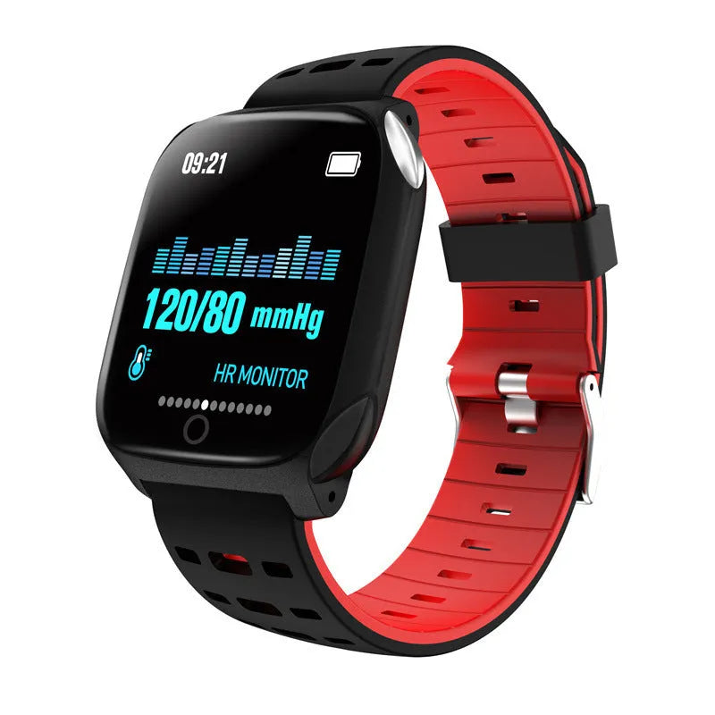 F16 Smart Watch with ECG monitor on a black green silicone wristband, showing touch screen display.