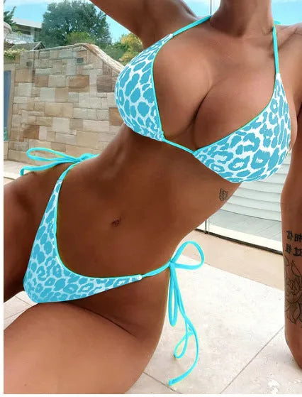 Women's lace-up front triangle bikini top and split bottoms in a choice of colours and patterns.
