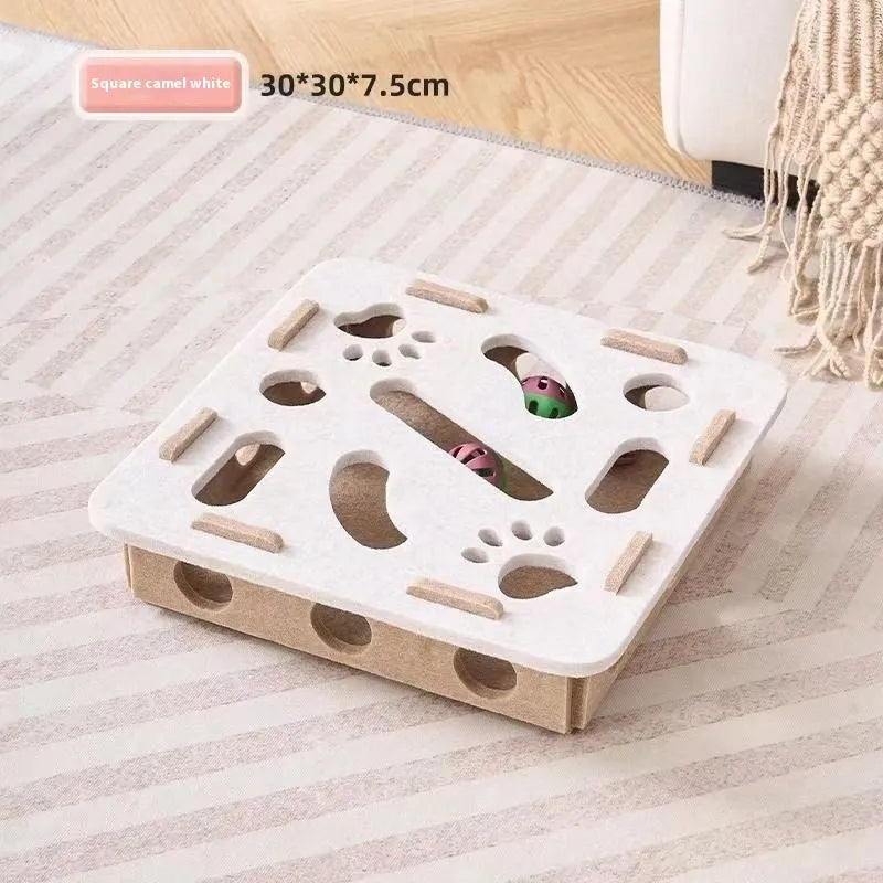 Felt cat toy box measuring 30x30x7.5cm with hole design for scratching