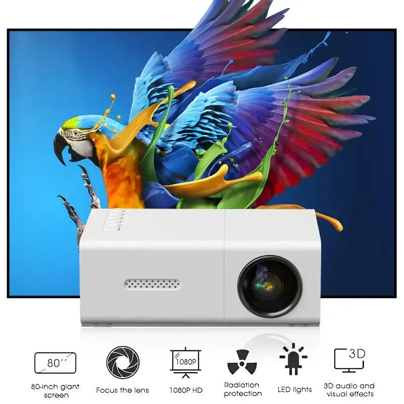 White or black M100 Mini Portable LED Projector displaying a large screen image.