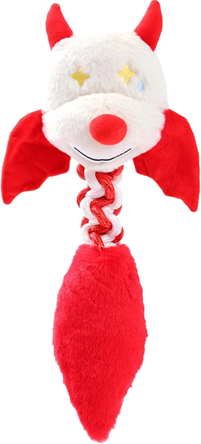 Large black, green, or red plush dog toy with a cartoon shape, featuring a built-in rope knot.