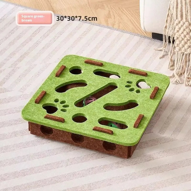 Felt cat toy box measuring 30x30x7.5cm with hole design for scratching