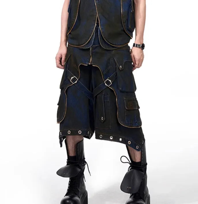 Blue hooded denim-style vest and matching trousers set with front zipper in Korean heavy industry deconstructs style.