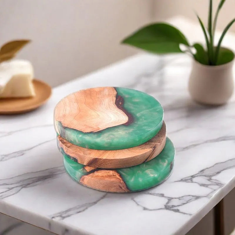 Nordic style wooden coaster with resin heat insulation for tea sets in solid colour