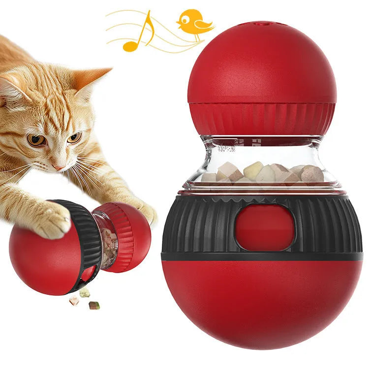 Rotating plastic cat toy with a super ball, designed for food dispensing and sound play.