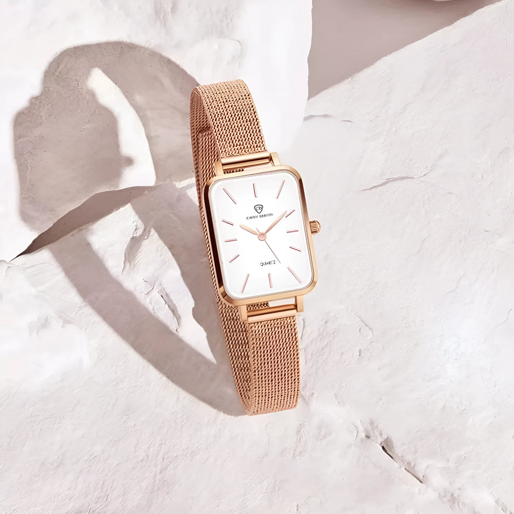 Women's waterproof quartz watch with woven steel strap and alloy case