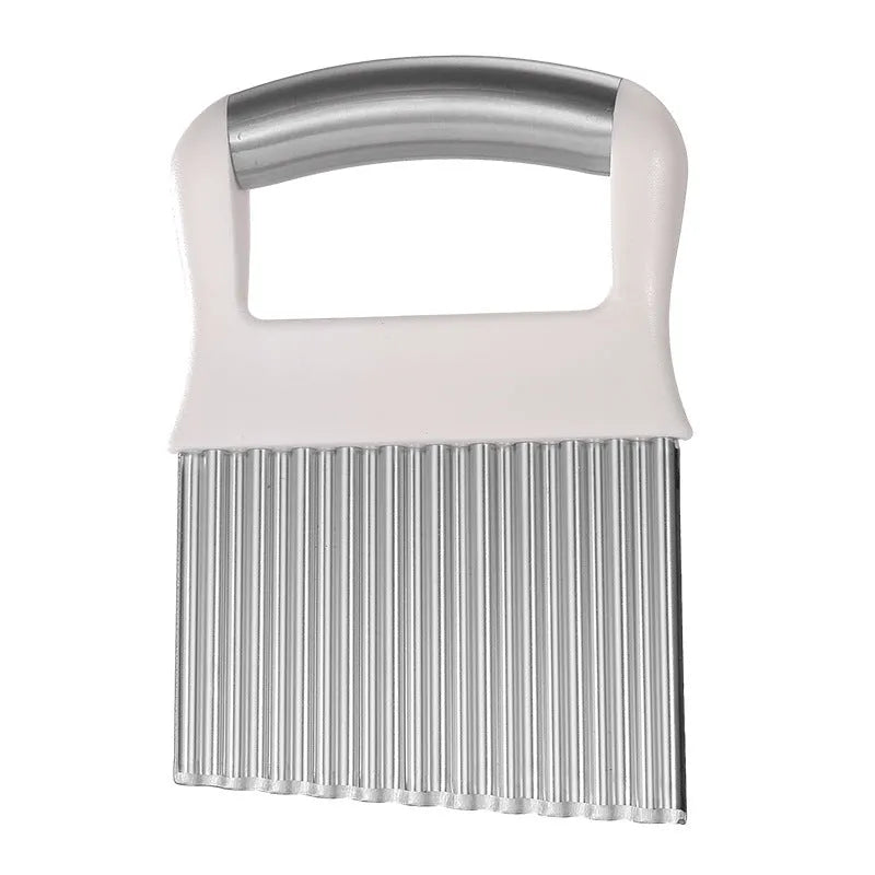 Stainless steel potato wave knife for cutting crinkle chips, shown in black and white.