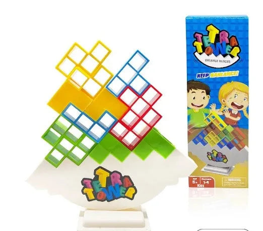 Colourful plastic balance stacking game with 16 blocks, chassis and base for family play