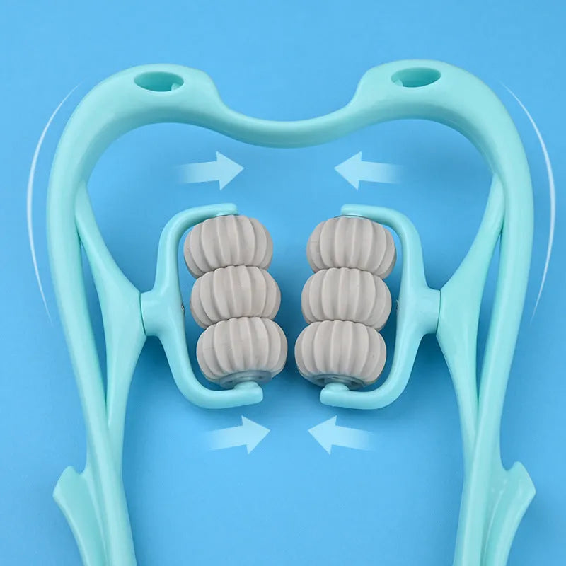 Blue plastic handheld massager with six rotating wheels for neck, shoulder and back relief.
