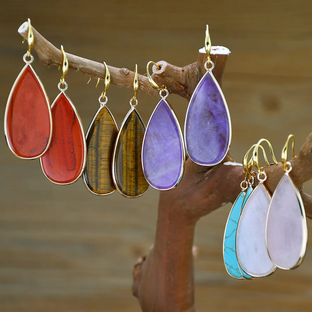 Vintage stone drop earrings with water droplet texture in Tigereye, amethyst, pink crystal, Redstone or turquoise