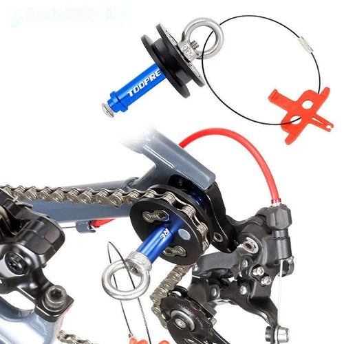 Aluminium bicycle chain holder tool showing three versions: Barrel Shaft, Basic, and Quick Release.