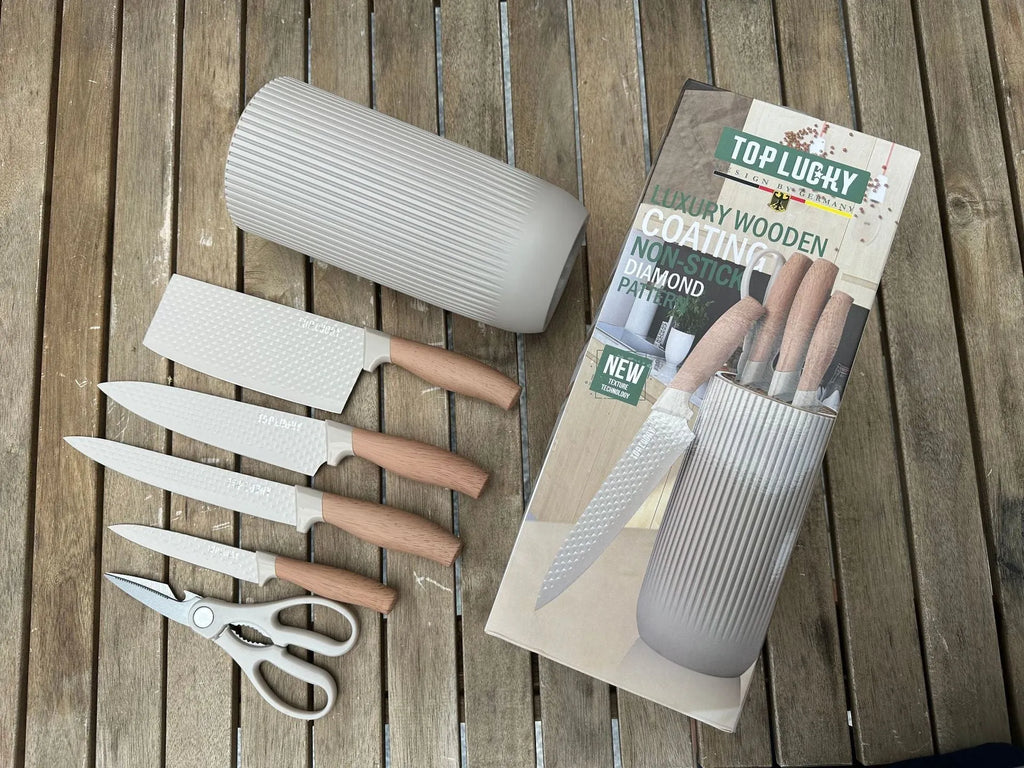 Five-piece kitchen knife set with khaki style wood grain handles and stainless steel non-stick blades