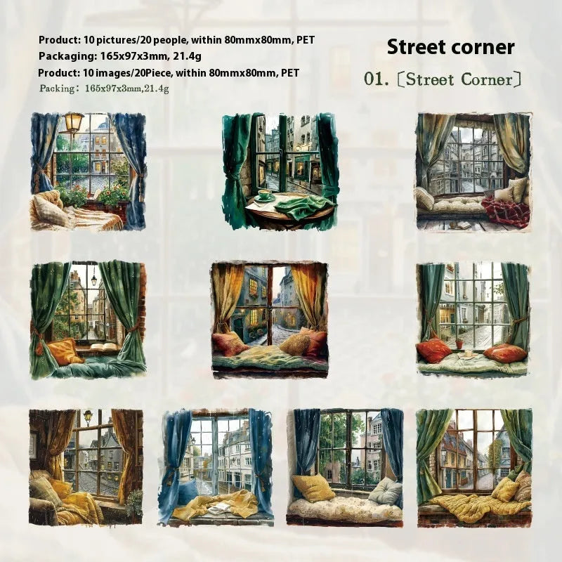 Set of six retro-themed window scene decorative stickers for journals, including seaside and garden designs.