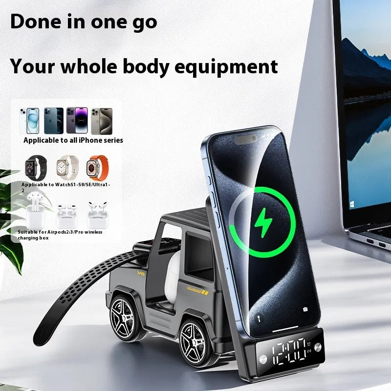 Six-in-one wireless charger stand in gray PC ABS with phone watch and headset on desktop
