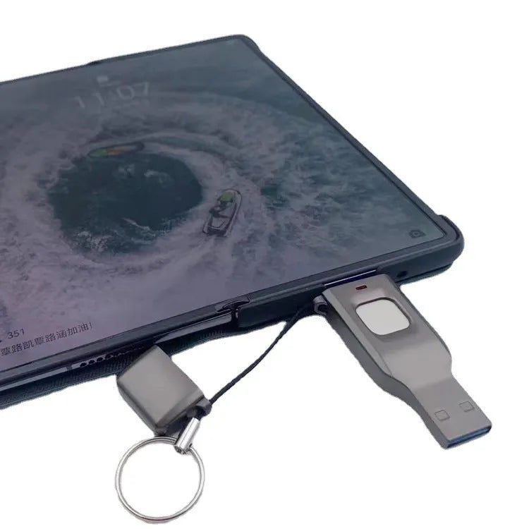 Black fingerprint encrypted USB drive showing both USB 3.0 and USB-C connectors