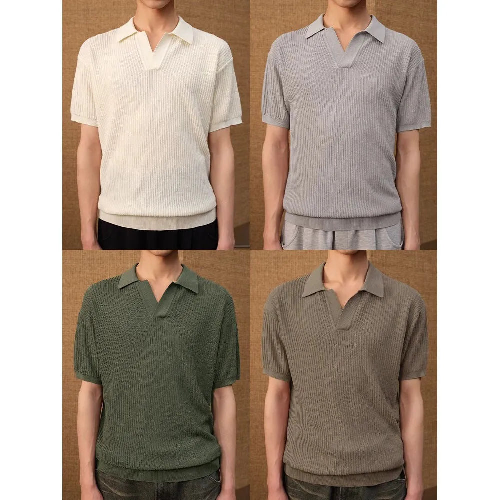 Men's loose fit polo shirt with business stripes in ice silk fabric, shown in creamy-white colour
