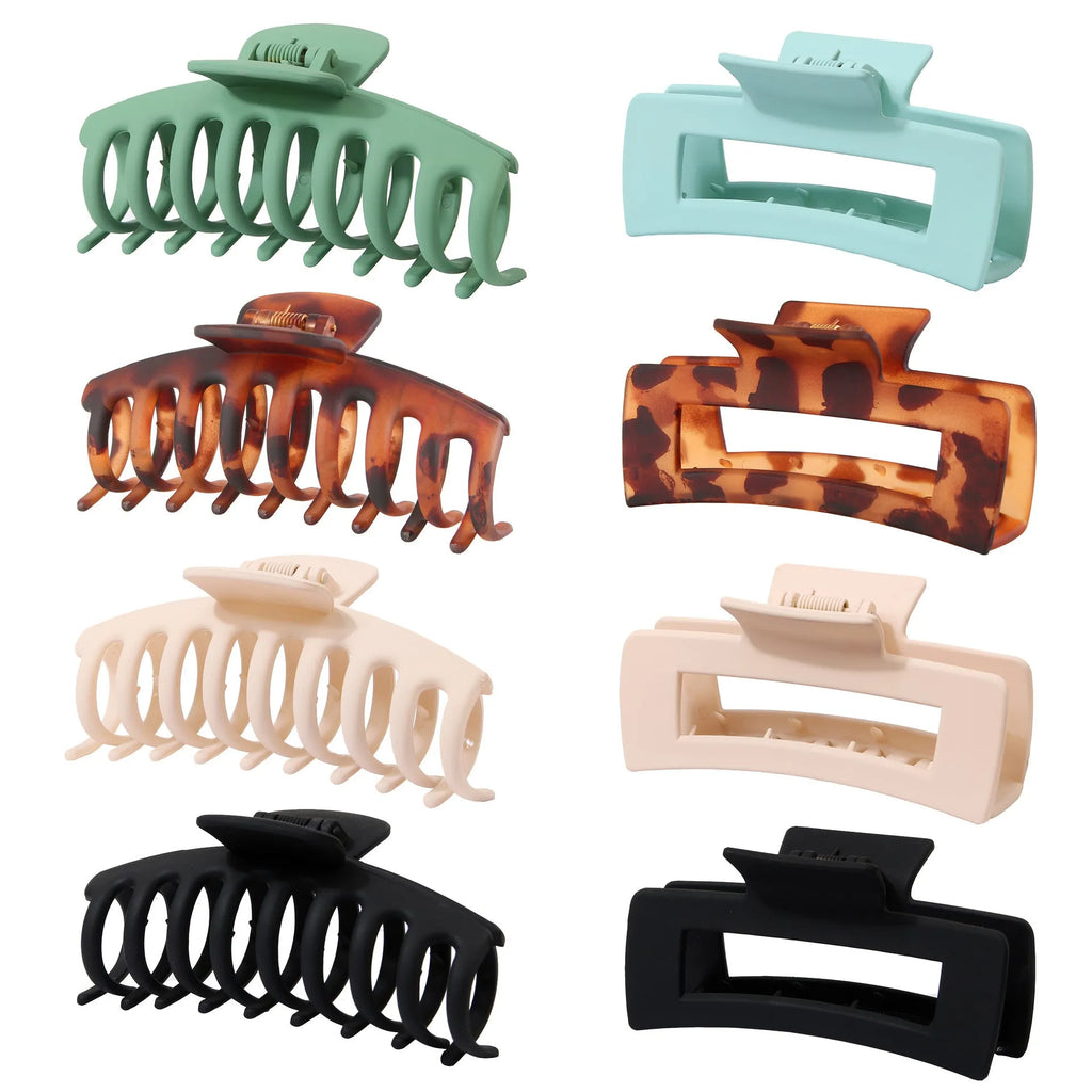 Six rose red plastic hair clips with quadrilateral styling and frosted grip surface