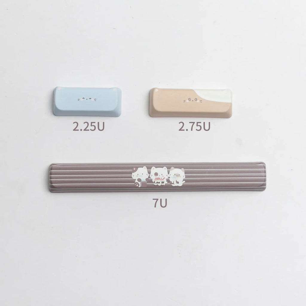 Sea Salt Cat themed PBT key cap set with March layout and 7u spacebar supplement for mechanical keyboards