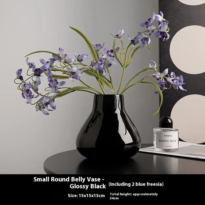 Ceramic round belly vase in black or white with French modern style and optional artificial orchid flowers