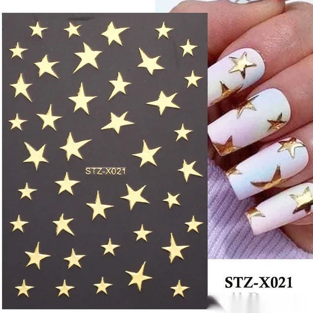 Plastic sheet of black, silver, and cartoon design nail art stickers for DIY manicures.