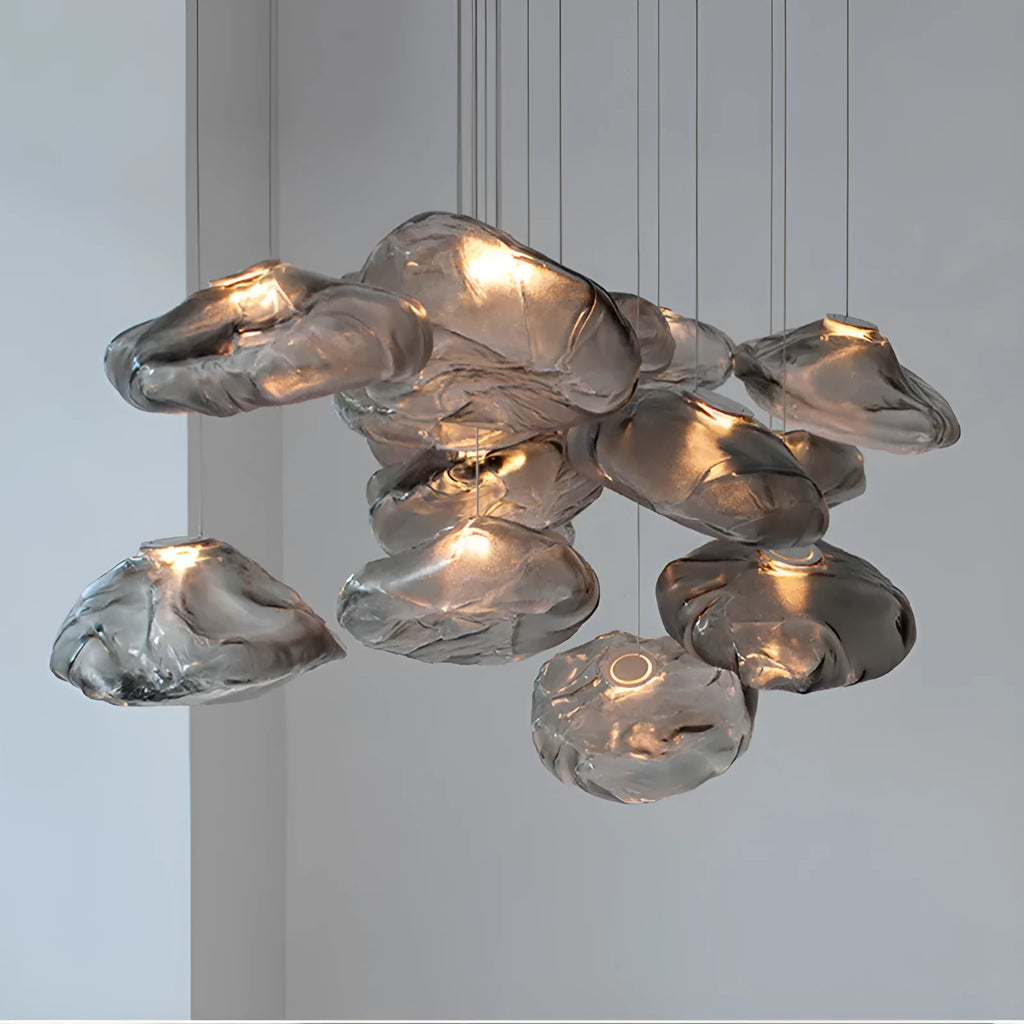 Postmodern light luxury glass chandelier in clear, amber, or smoke grey, showing 200mm and 300mm size options.