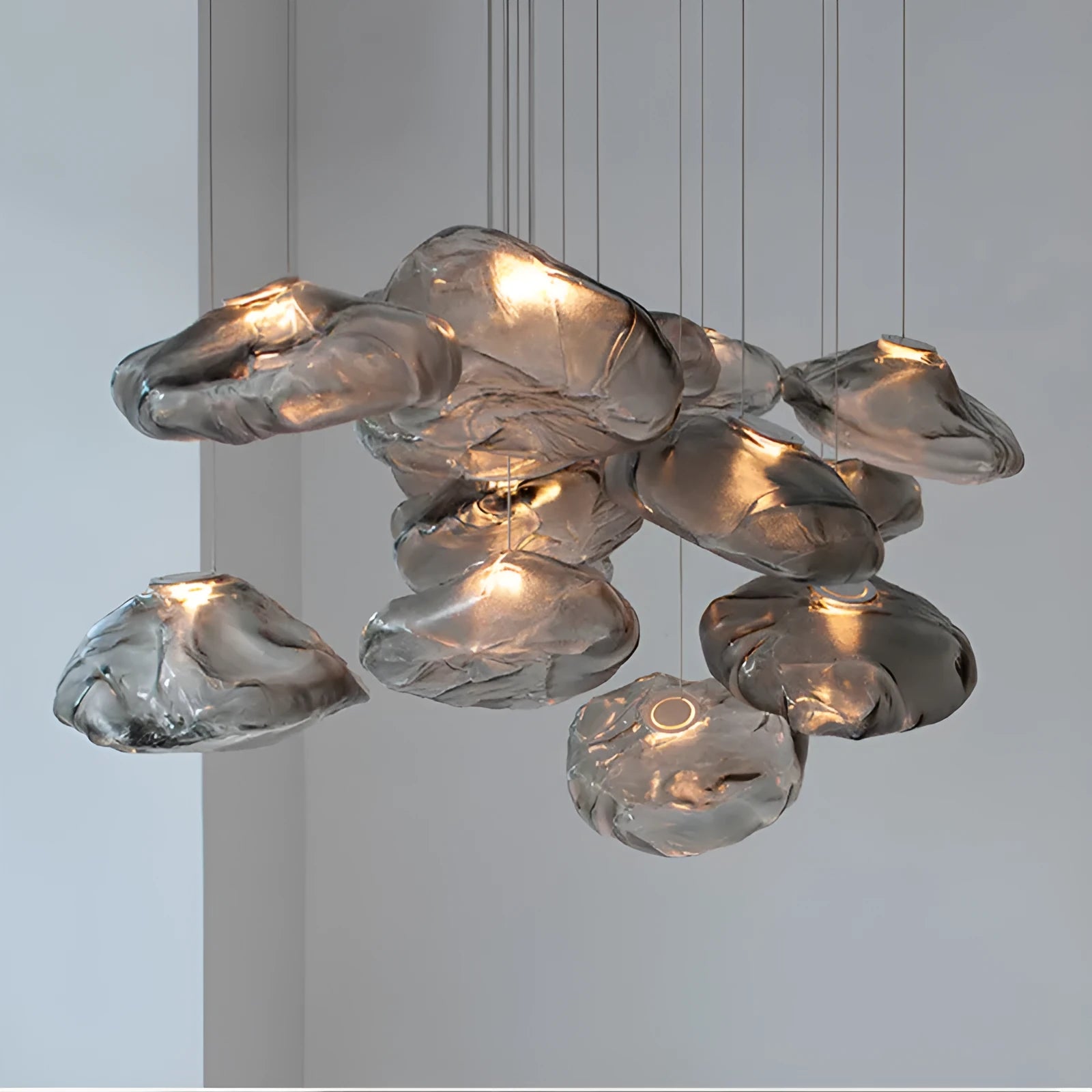 Postmodern light luxury glass chandelier in clear, amber, or smoke grey, showing 200mm and 300mm size options.