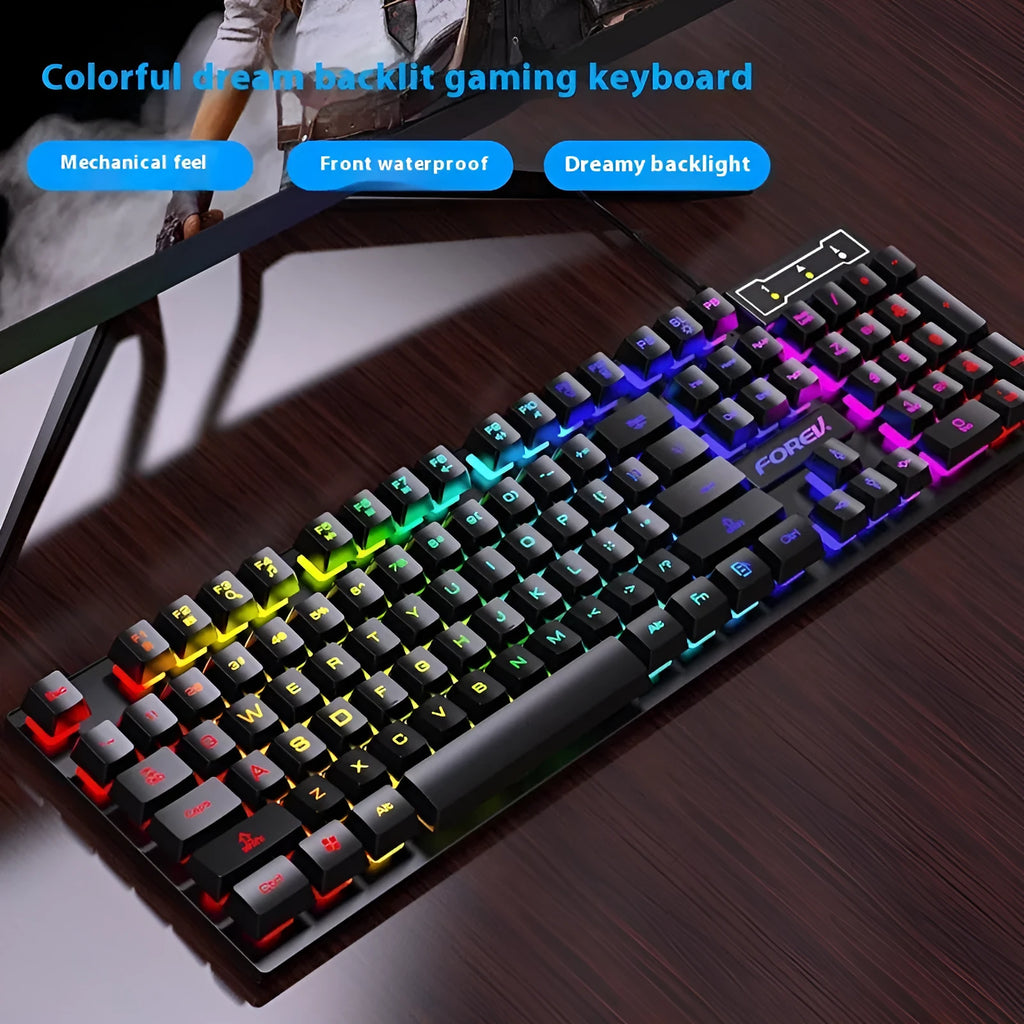 Black 104-key backlit gaming keyboard with optional mouse, showing ABS construction and 1.5m cable