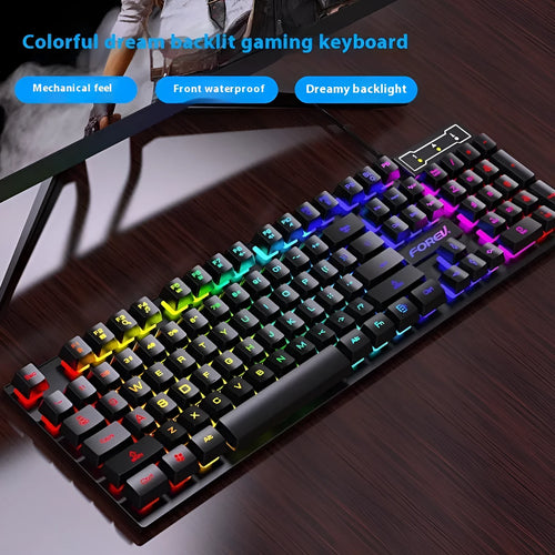 Black 104-key backlit gaming keyboard with optional mouse, showing ABS construction and 1.5m cable