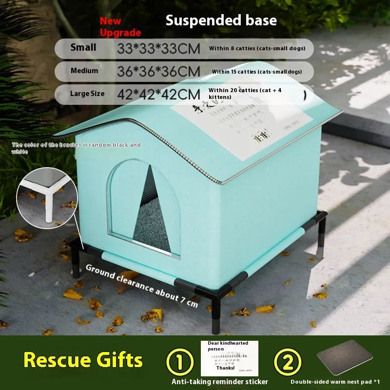 Winter waterproof stray cat nest tent in blue with optional fixed bracket, outdoor use, cloth material.