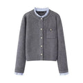 Women's pleated lace collar sweater coat in navy blue, acrylic knit, long sleeves