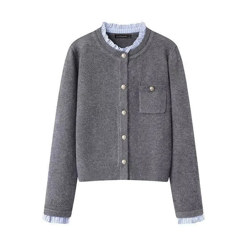 Women's pleated lace collar sweater coat in navy blue, acrylic knit, long sleeves