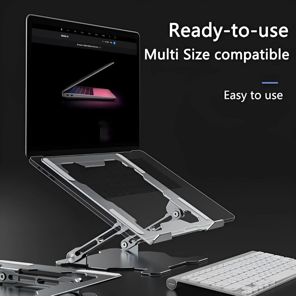 Adjustable aluminum laptop stand in grey colour showing folding design and hollow construction