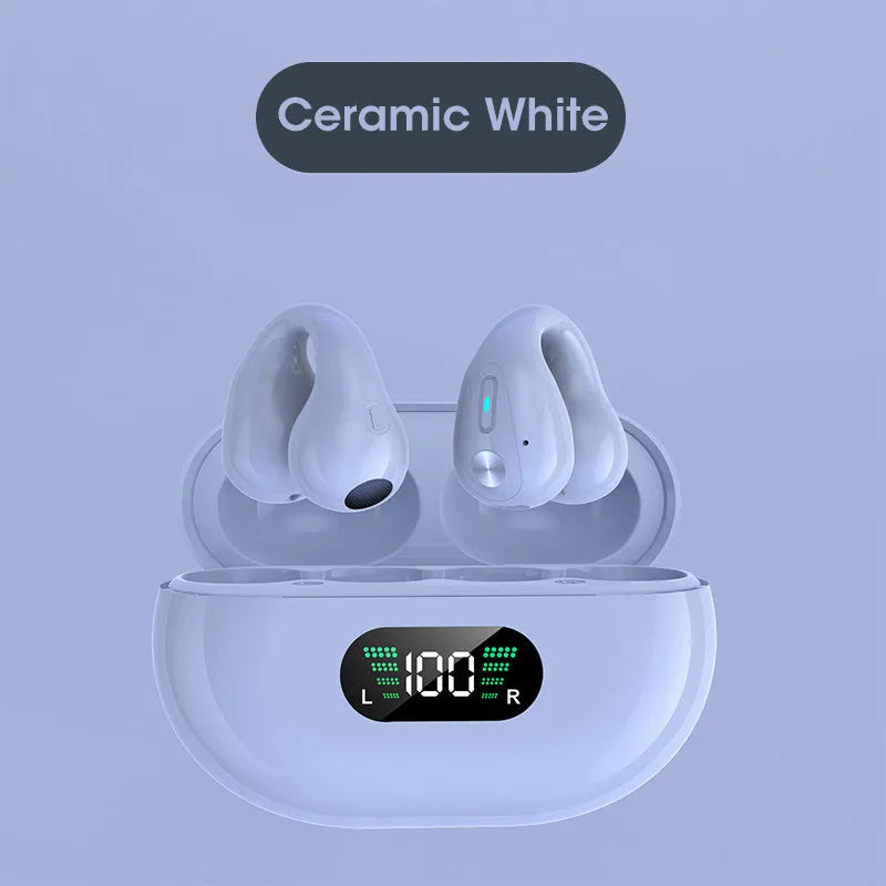 Q80 bone conduction Bluetooth headset clip in black, showing ear clip design for open-ear listening.