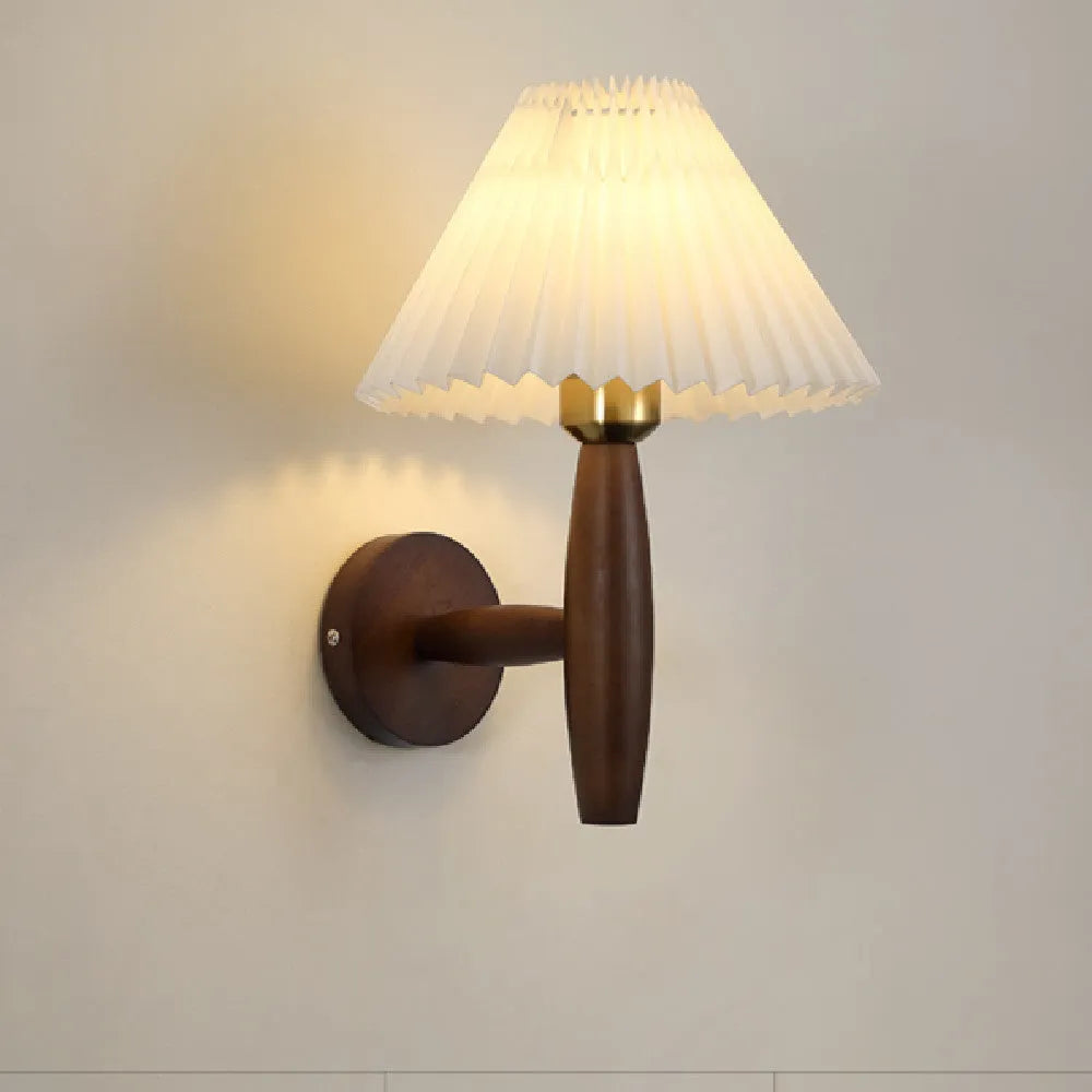 Retro style wall lamp with rubber wood base and fabric shade in walnut finish