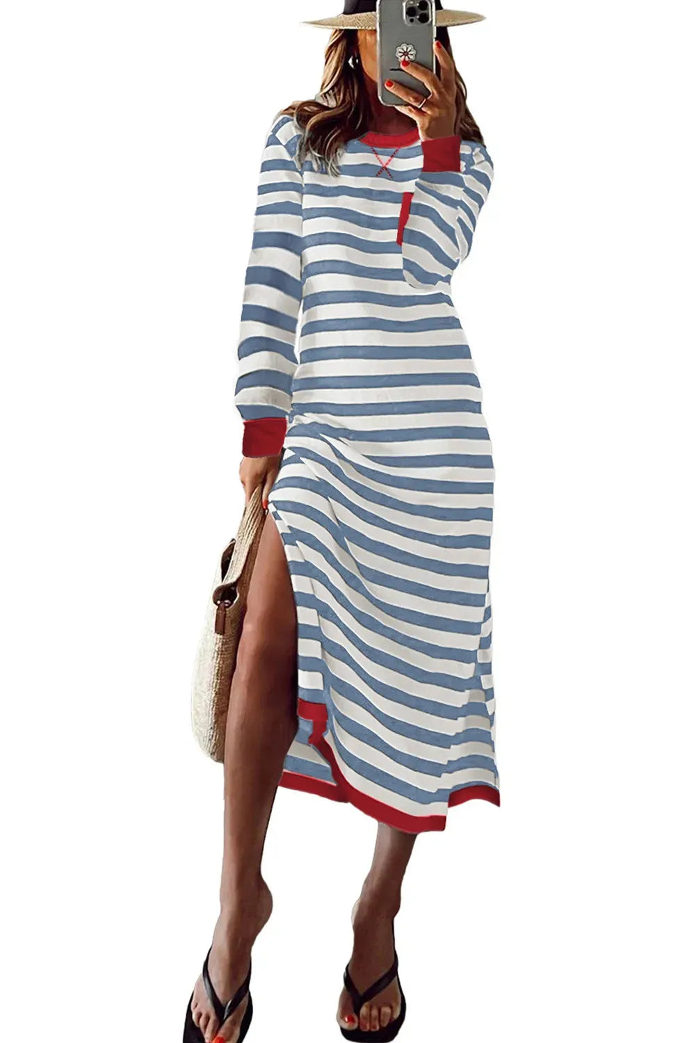Striped printed long sleeve dress with contrast edge in Rose Stripe colour, viscose blend fabric, sizes S to 2XL