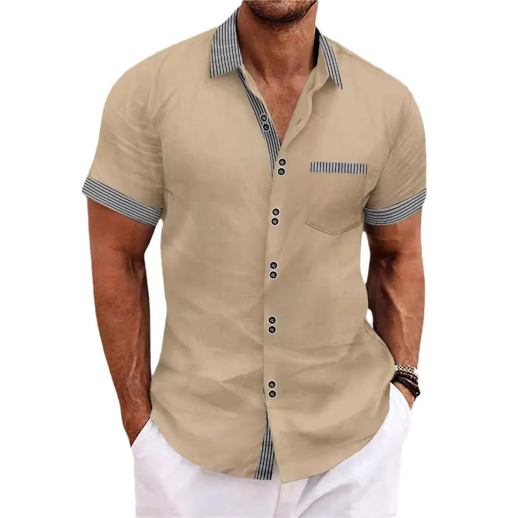 Man wearing a slim fit striped casual shirt in pure cotton, showing double button and short sleeve design.