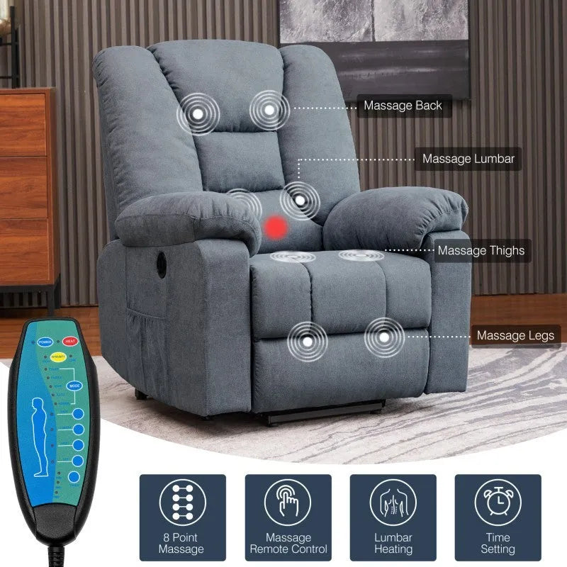 Electric massage recliner in blue upholstery with wooden frame and remote control