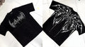Dark style loose fit plus size cotton short-sleeved t-shirt on a hanger, showing gilding detail.