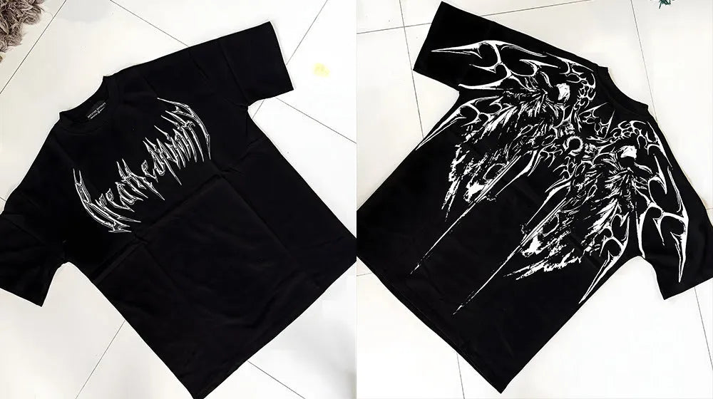Dark style loose fit plus size cotton short-sleeved t-shirt on a hanger, showing gilding detail.